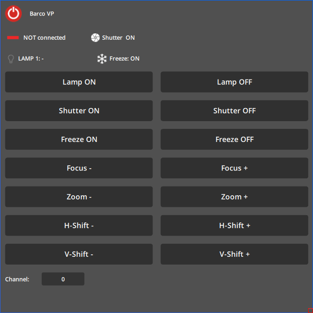Manual controls of the Barco VP device in a UI panel. Manual controls of the Barco VP device in a UI panel.