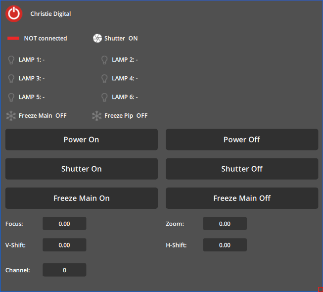 Manual controls of the Christie Digital device in a UI panel. Manual controls of the Christie Digital device in a UI panel.