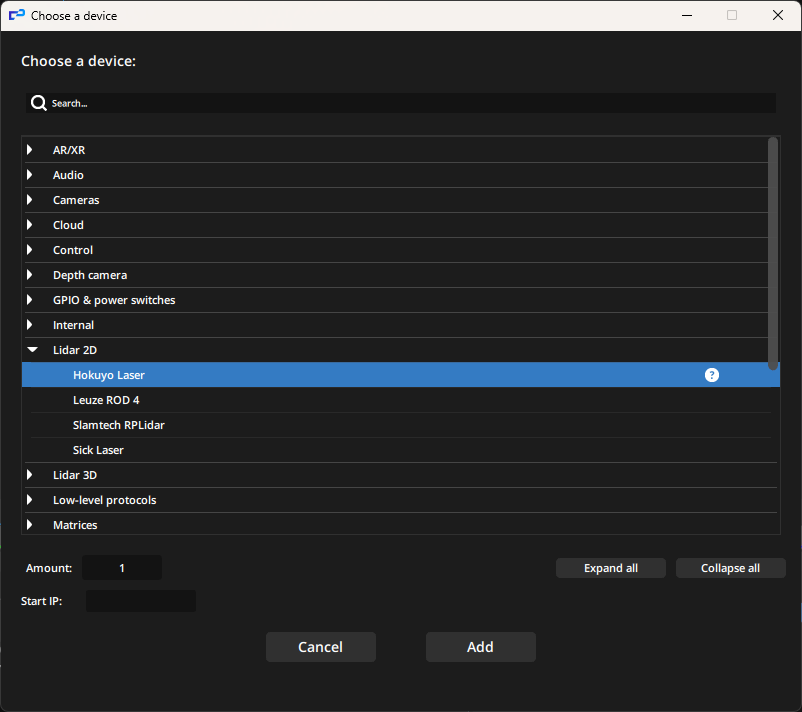 The pop-up window to add a device.