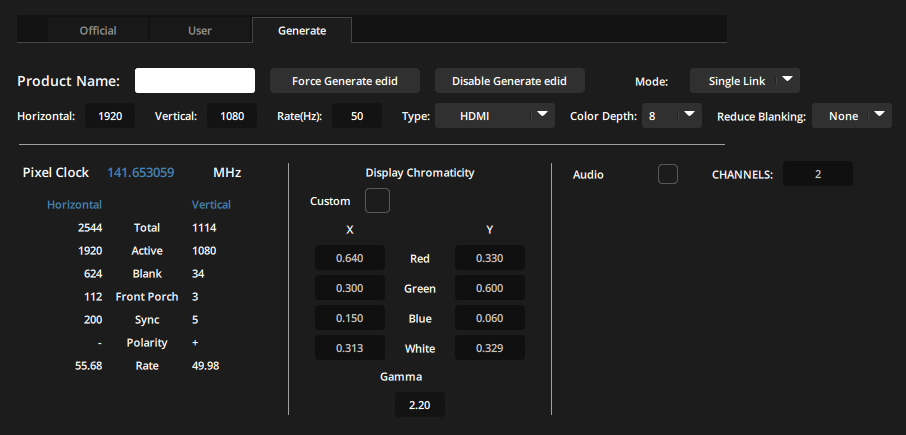 Custom EDID Generator in Remote Settings, GPU tab Custom EDID Generator in Remote Settings, GPU tab