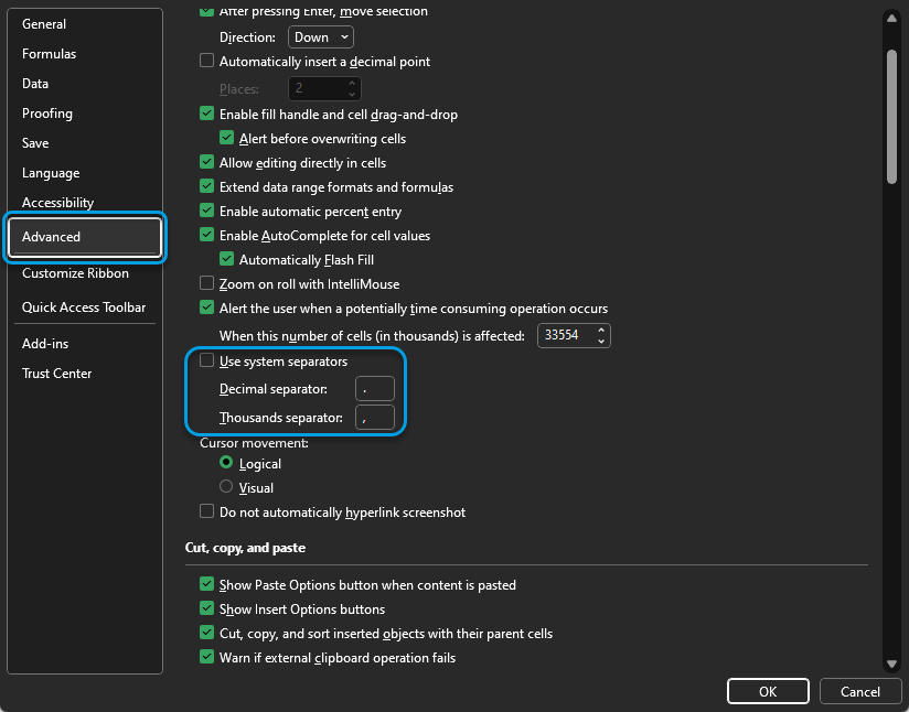 Setting the decimal and thousand separator in Excel options Setting the decimal and thousand separator in Excel options