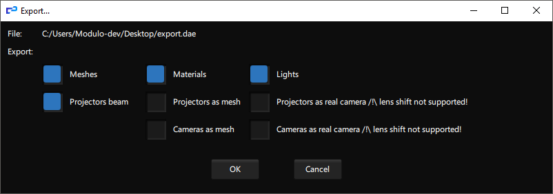 Pop-up window with export options for 3D Scenes Pop-up window with export options for 3D Scenes