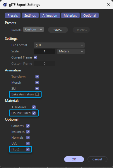 GLTF export settings in Cinema 4D GLTF export settings in Cinema 4D