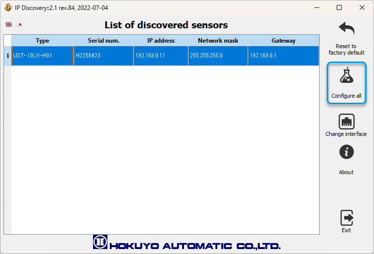 Selecting a device to setup in the Hokuyo IP Changer tool. Selecting a device to setup in the Hokuyo IP Changer tool.