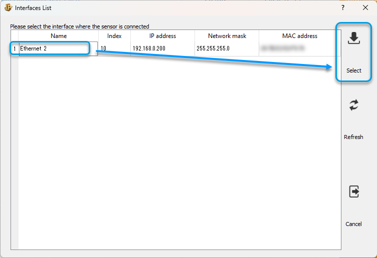 Selecting the network interface in the Hokuyo IP Changer tool. Selecting the network interface in the Hokuyo IP Changer tool.