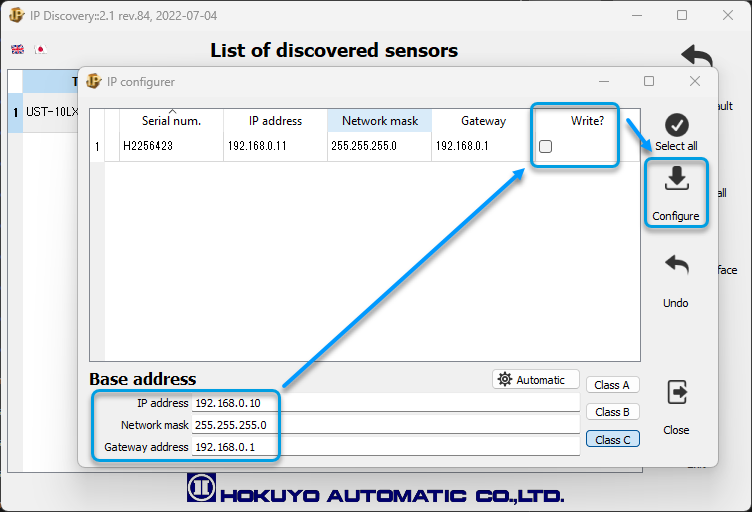 Setting the IP address for a device in the Hokuyo IP Changer tool. Setting the IP address for a device in the Hokuyo IP Changer tool.