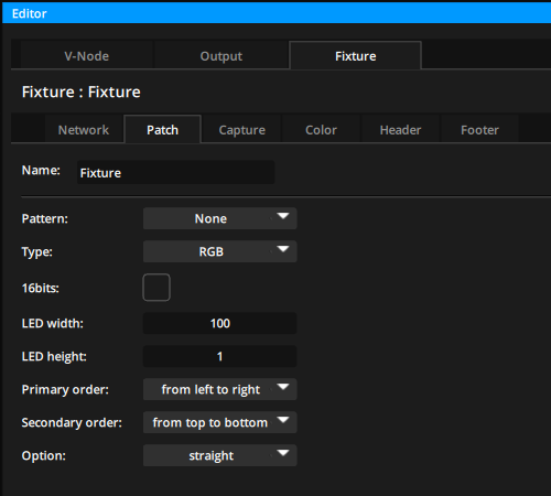 Patch settings of a Fixture in a LED mapping output Patch settings of a Fixture in a LED mapping output