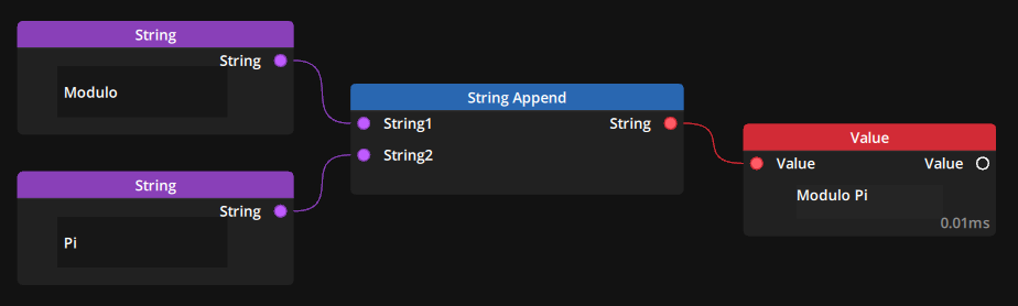 Example of String Append node concatenating two strings together Example of String Append node concatenating two strings together