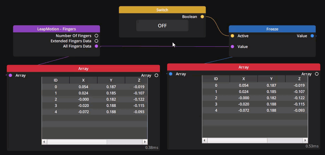Example of Tools > Freeze node freezing a sensor input Example of Tools > Freeze node freezing a sensor input
