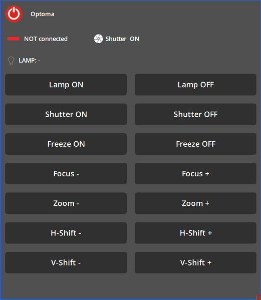 Manual controls of the Optoma device in a UI panel. Manual controls of the Optoma device in a UI panel.