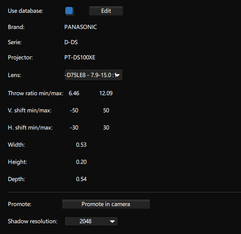 Projector information after being selected from the database Projector information after being selected from the database