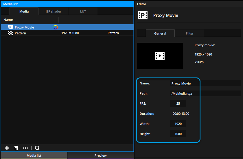 Setting up a Proxy Movie media in the Editor Panel. Setting up a Proxy Movie media in the Editor Panel.