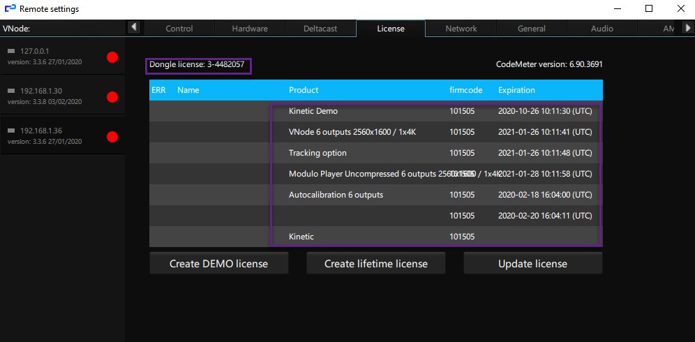 License tab of V-Node remote settings License tab of V-Node remote settings