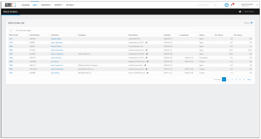 Work Order List System Jobs List Page - Aircraft Maintenance & Inventory System - Current