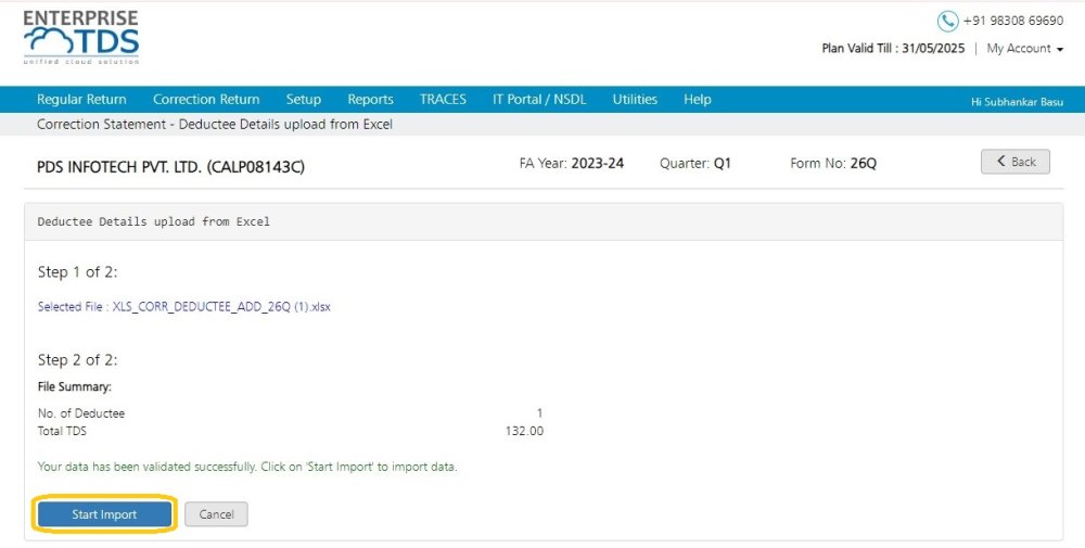 Add Deductee Details Via Excel - Start Import