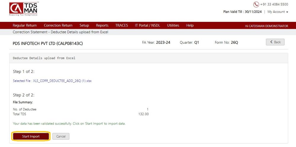 Add Deductee Details Via Excel - Start Import