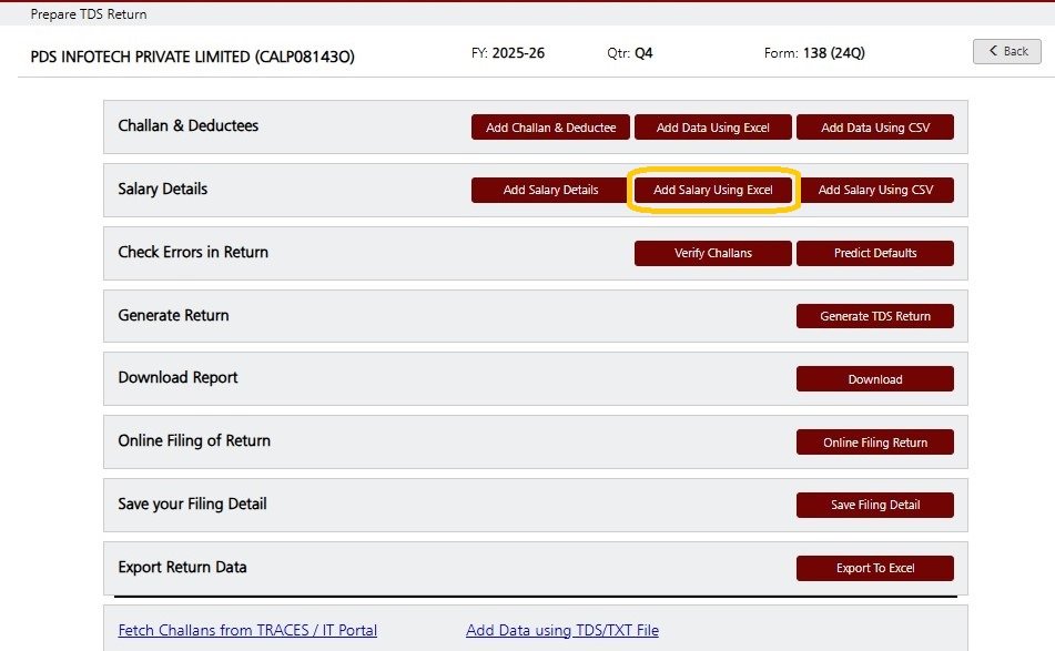 Form 138 (24Q) - Salary Details - Add Salary Using Excel