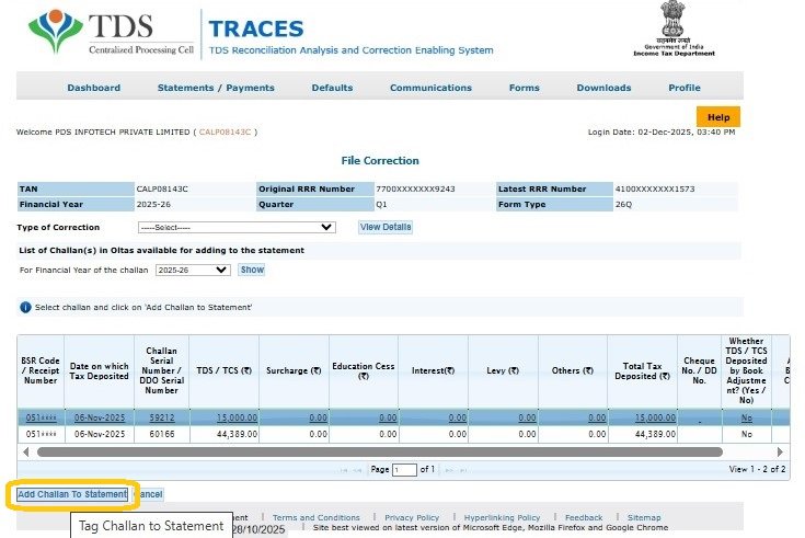 Add Challan to Statement 8