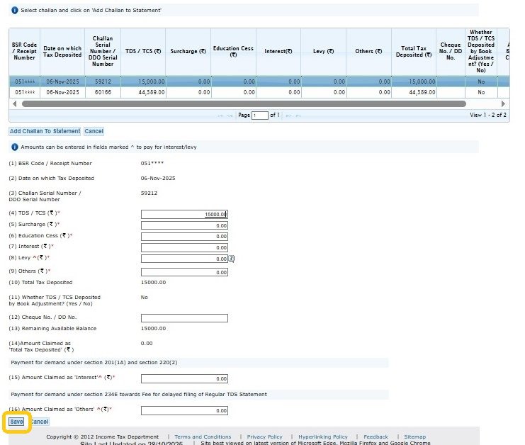 Add Challan to Statement 9