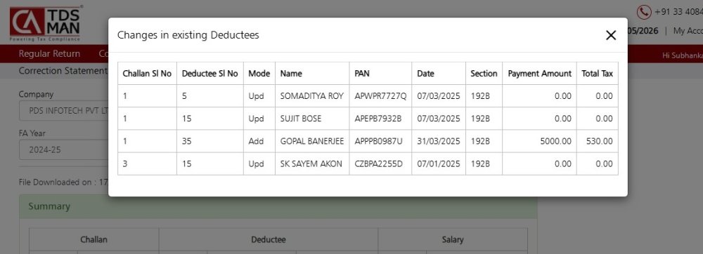Changes in existing deductees (excluding PAN)