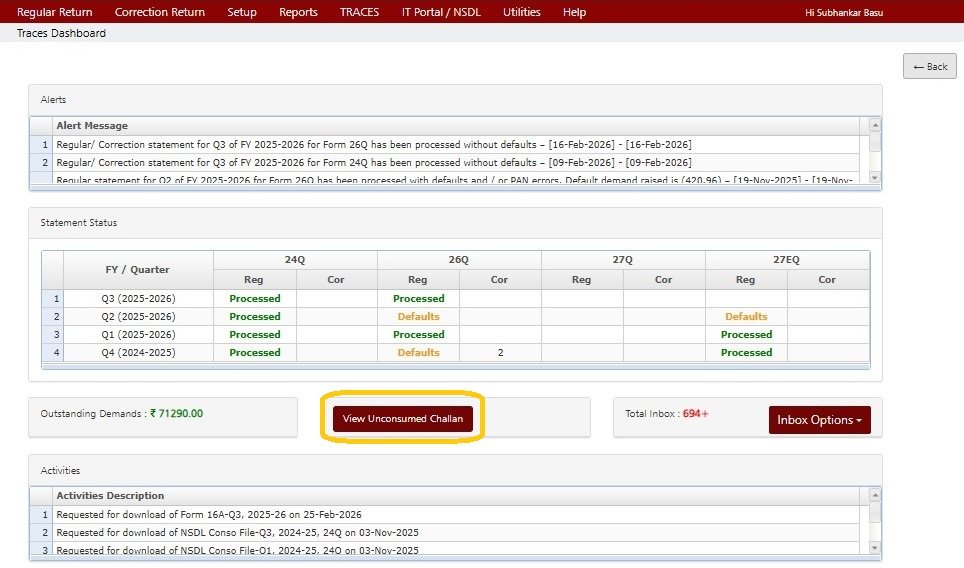 View Unconsumed Challan