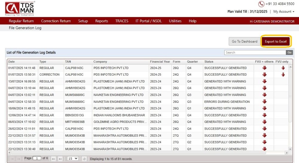 File Generation Log Export to Excel