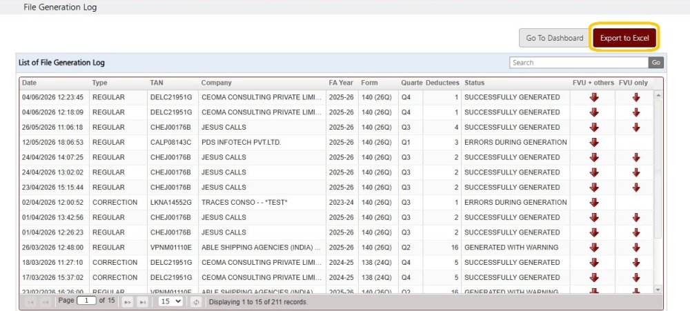 File Generation Log Export to Excel