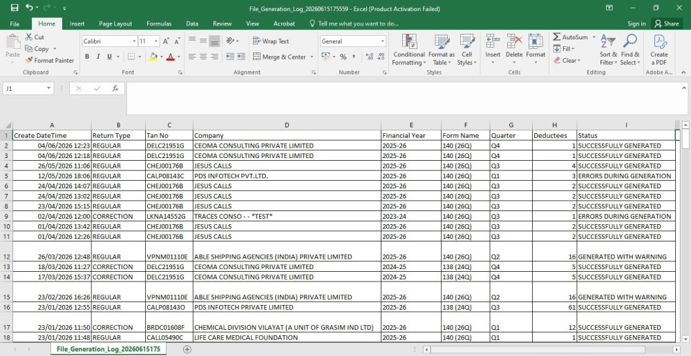 File Generation Log Show Excel