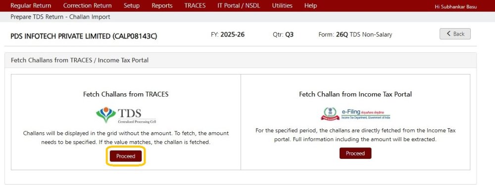 Import Challan from Traces