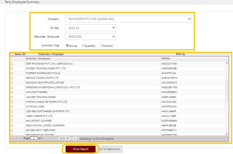 Reports - Party Employee Details - show report
