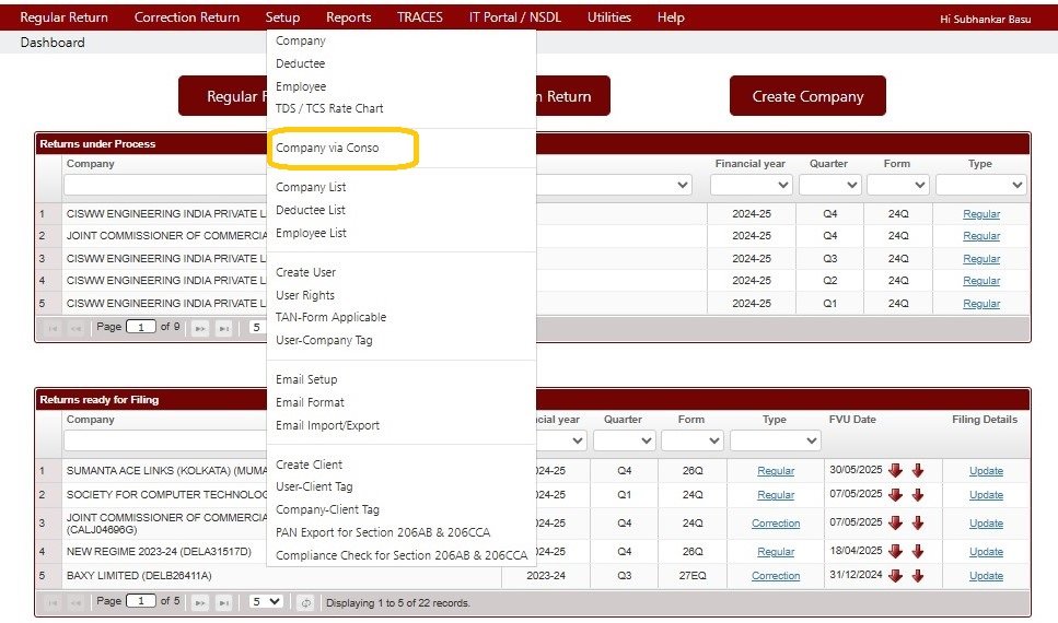 Setup - Company Via Conso