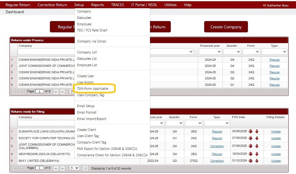Setup -TAN-Form Applicable