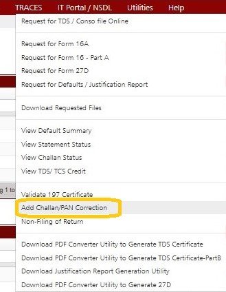 Traces - Add Challan/PAN Correction