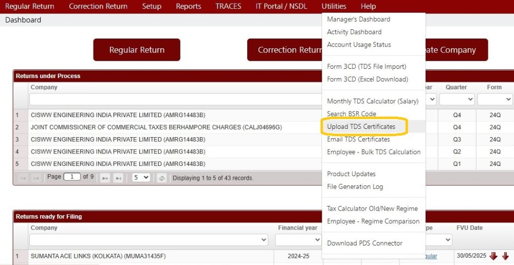 Utilities - Upload TDS Certificates