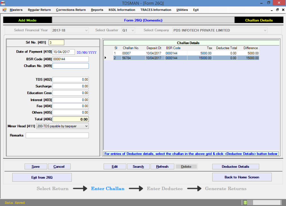 Challan And Deductee Entry - Tdsman Ver. 14.1 - User Manual