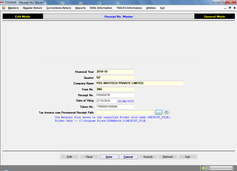 Entering the Receipt Number of the Return TDSMAN Ver. 13.1 User Manual