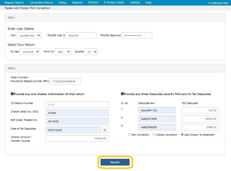 Add Challan to Statement 3