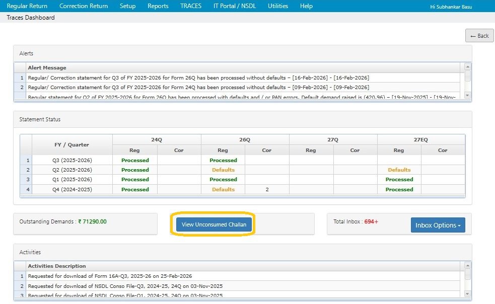 View Unconsumed Challan