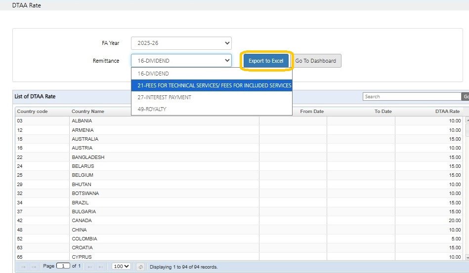 DTAA Rates export to excel 2