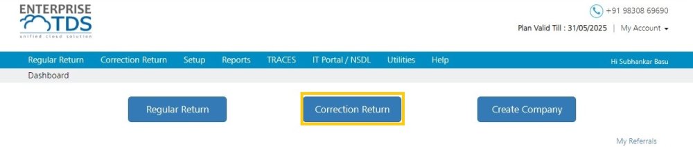 Dashboard - Correction Return