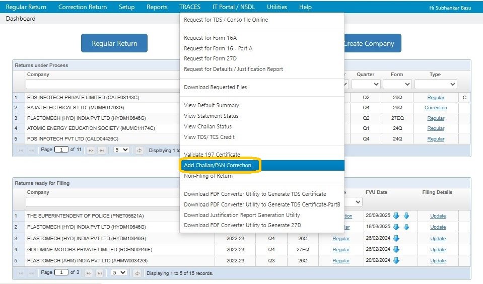 Traces - Add Challan/PAN Correction