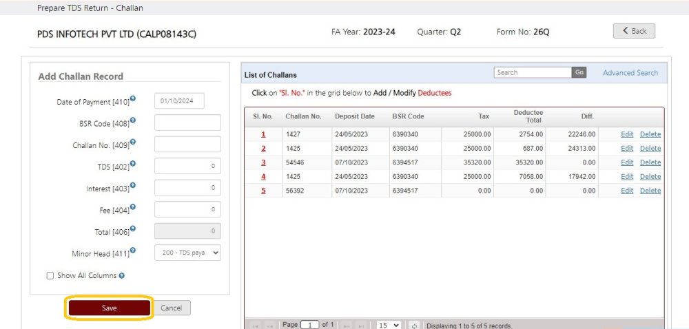 Fig 2 Add Challan & Deductee