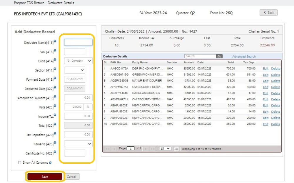 Fig 4 Add Challan & Deductee