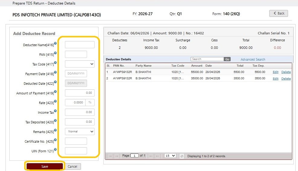 Fig 4 Add Challan & Deductee