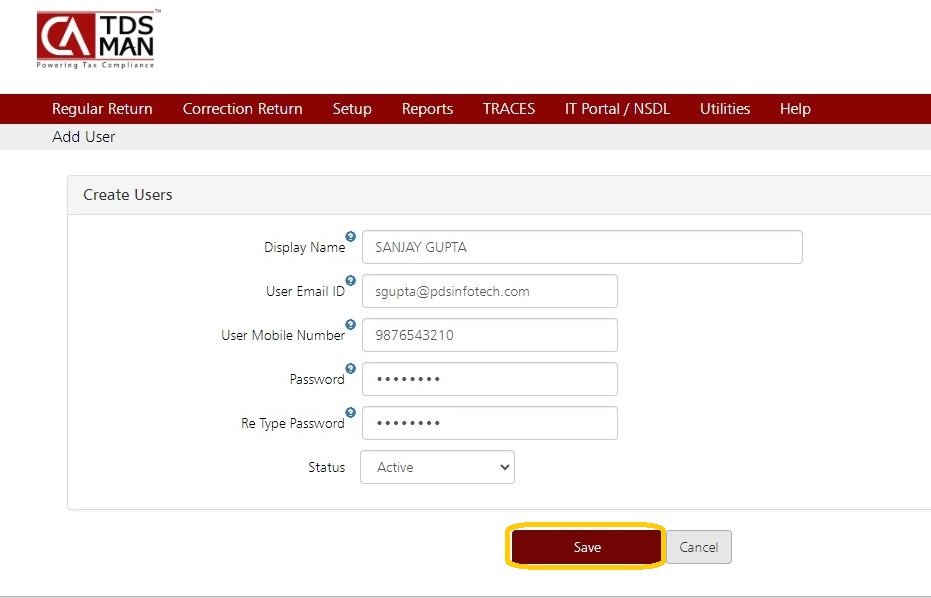 Add User - Enter User Details
