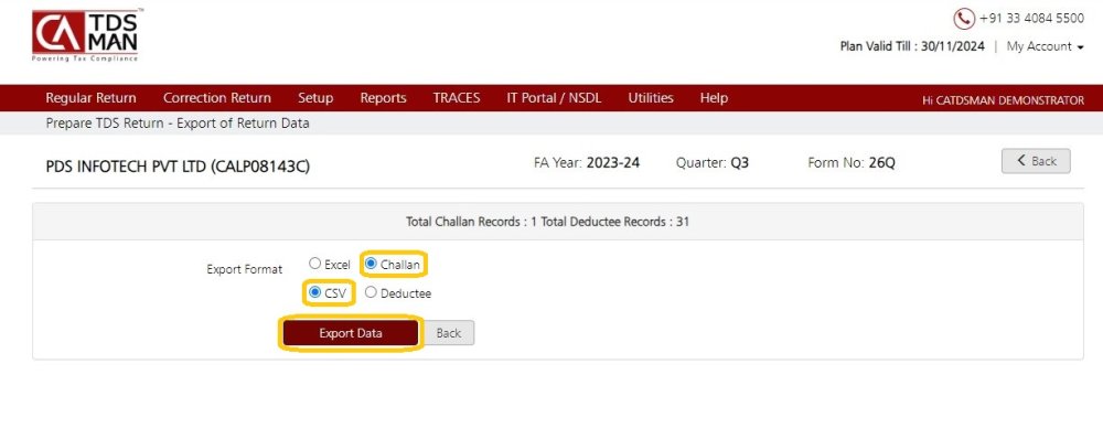 Fig 5 Export Return Data - CSV- Challan