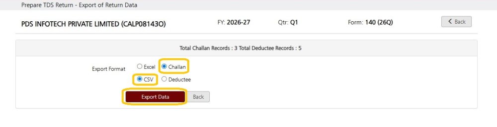Fig 5 Export Return Data - CSV- Challan
