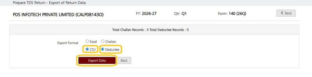 Fig 7 Export Return Data -CSV-Deductee