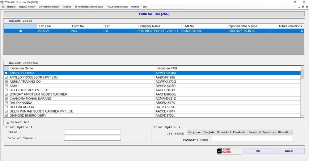 Certificate for 140 (26Q) – Form 131 (16A) (Correction Return) figure-certificate-for-26q-form-16a-correction-return