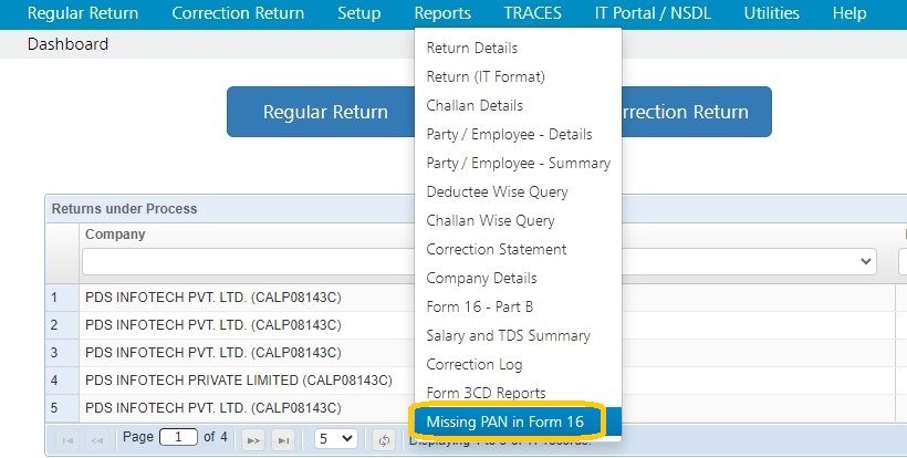Reports -Missing PAN in Form 16